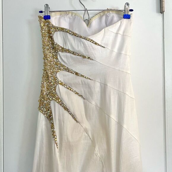 🚨SALE🚨 La Femme White Gold Beaded Strapless Trumpet Gown Prom Dress 4 - Picture 12 of 16